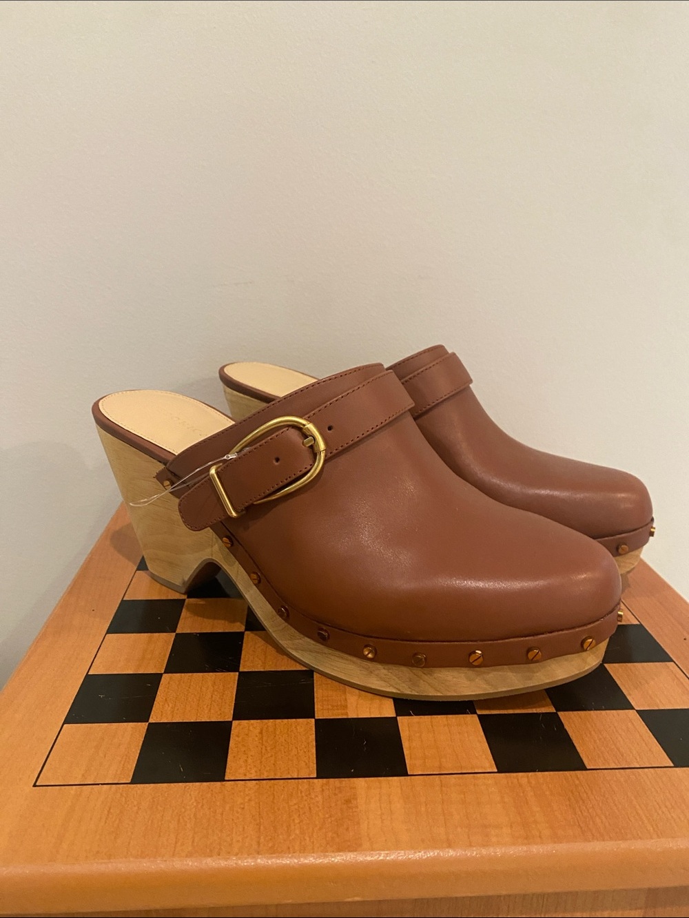 NWOT Veronica Beard Hendrix Clogs size 10 brown leather wooden block heel gold
